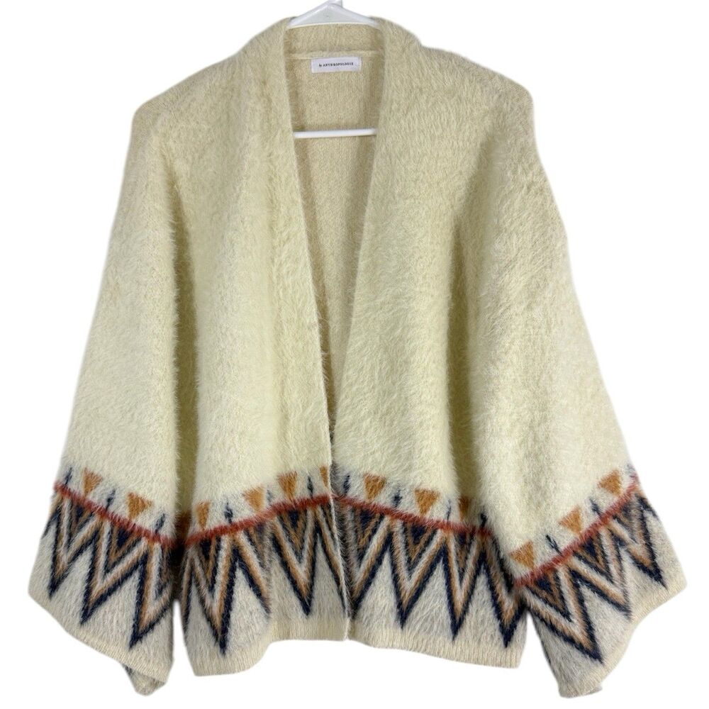 Anthropologie Sweater Cardigan Womens One Size White Fuzzy Tribal Geometric Knit